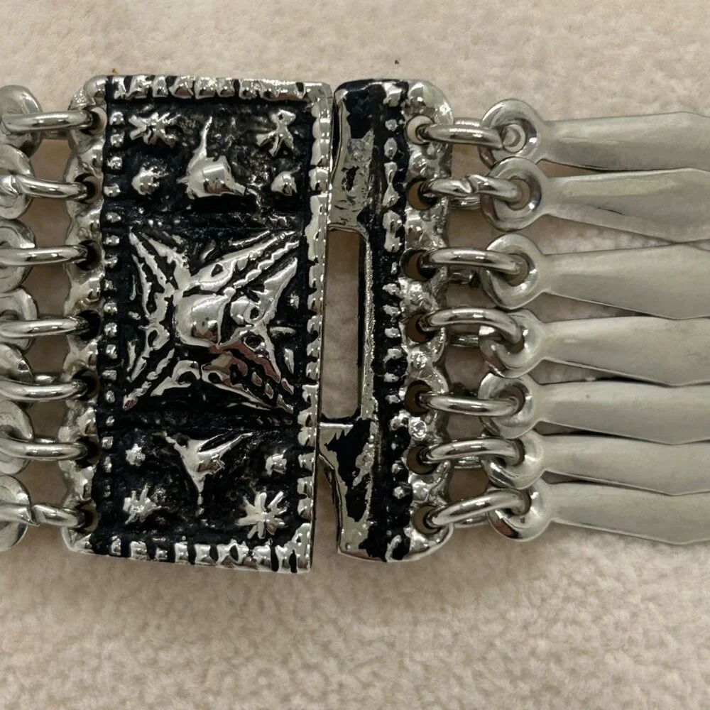 Vintage Mexican Alpaca Silver Panel Bracelet Aztec Motif Made in Mexico Boho - Picture 6 of 14